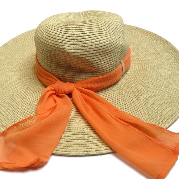 Raffia Sun Hat Paper Vacation Beach Wide Brim Peach Ribbon Travel Holiday Summer - Picture 1 of 6